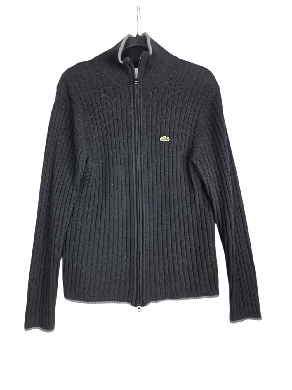 Lacoste Men's Black Ribbed Full-Zip Sweater with Green Crocodile
